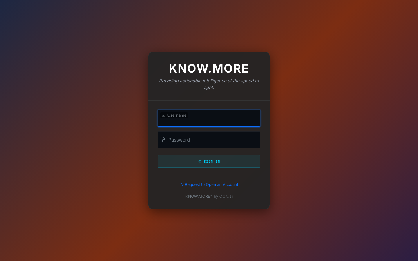 The KNOW.MORE intelligence console sign-in screen, branded KNOW.MORE by OCN.ai